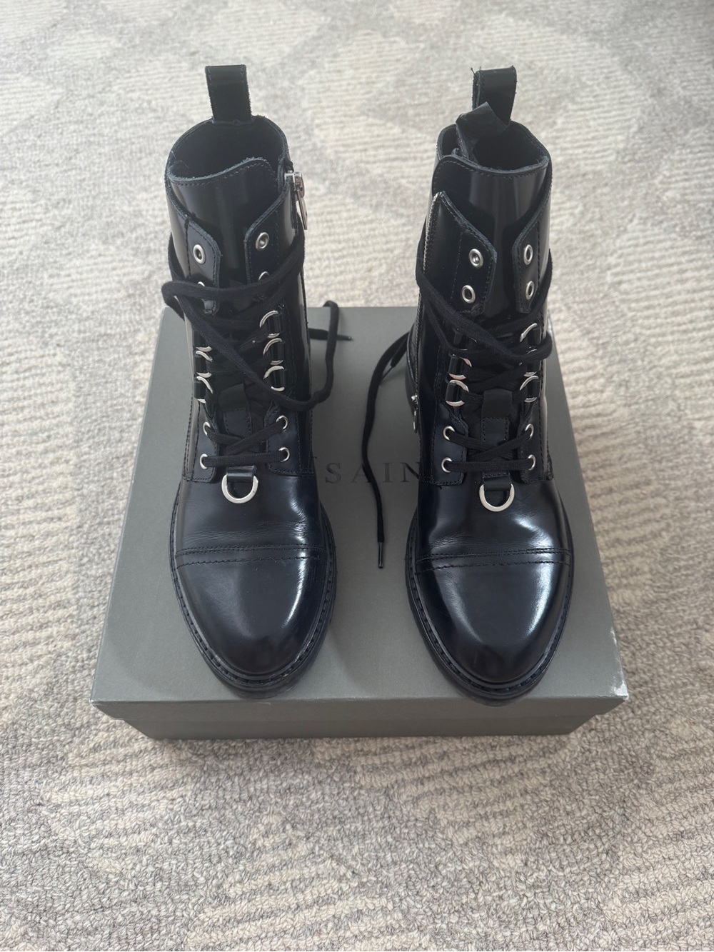 All Saints Black Patent Leather Combat Boots
